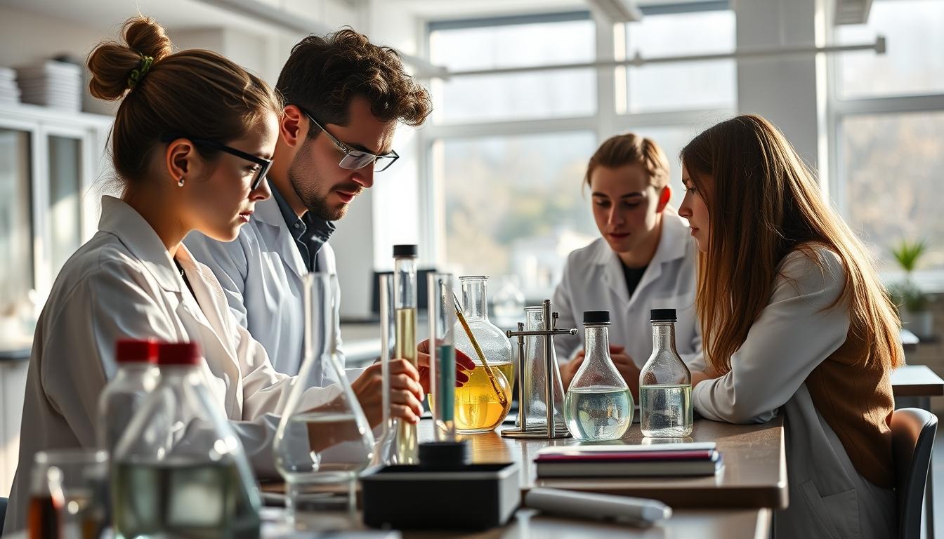 Students studying together in modern classroom
